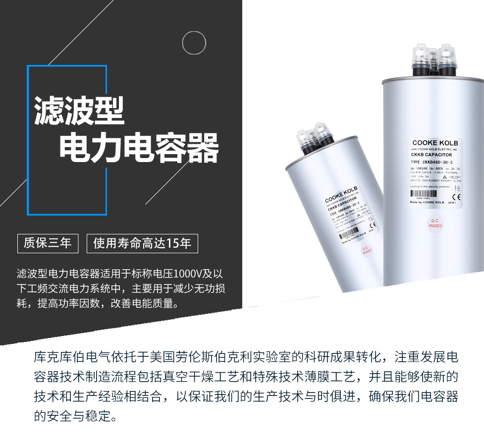 濾波型電力電容器適用于標稱電壓1000V及以下工頻交流電力系統(tǒng)中，主要用于減少無功損耗，提高功率因數(shù)，改善電網(wǎng)質(zhì)量。產(chǎn)品是在百級凈化、真空操作環(huán)境下制造，采用銀鋅鋁聚丙烯金屬化膜，使用美國勞倫斯伯克利實驗室的科研成果，嚴格按照IEC60831-2014及GB/T12747-2017進行生產(chǎn)，確保電力電容器安全穩(wěn)定，正常使用壽命可達15年以上